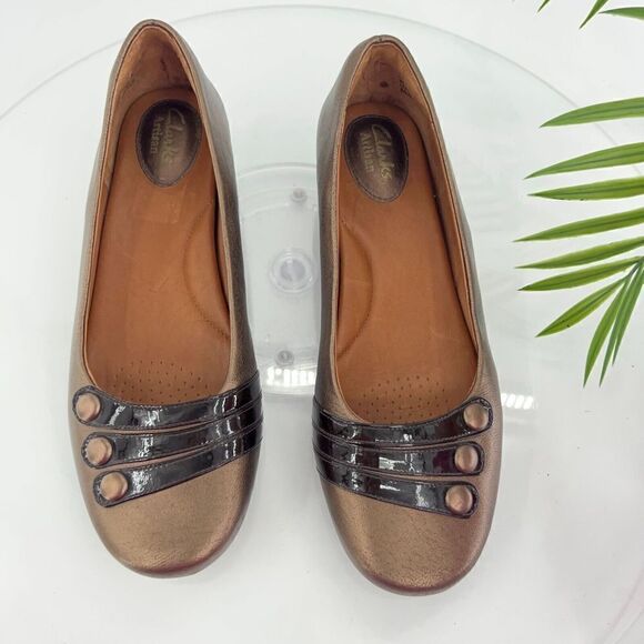 Clarks Womens Concert Drum Wedge Size 8 Bronze Leather Ballet Shoe Elegant Work - Picture 1 of 14